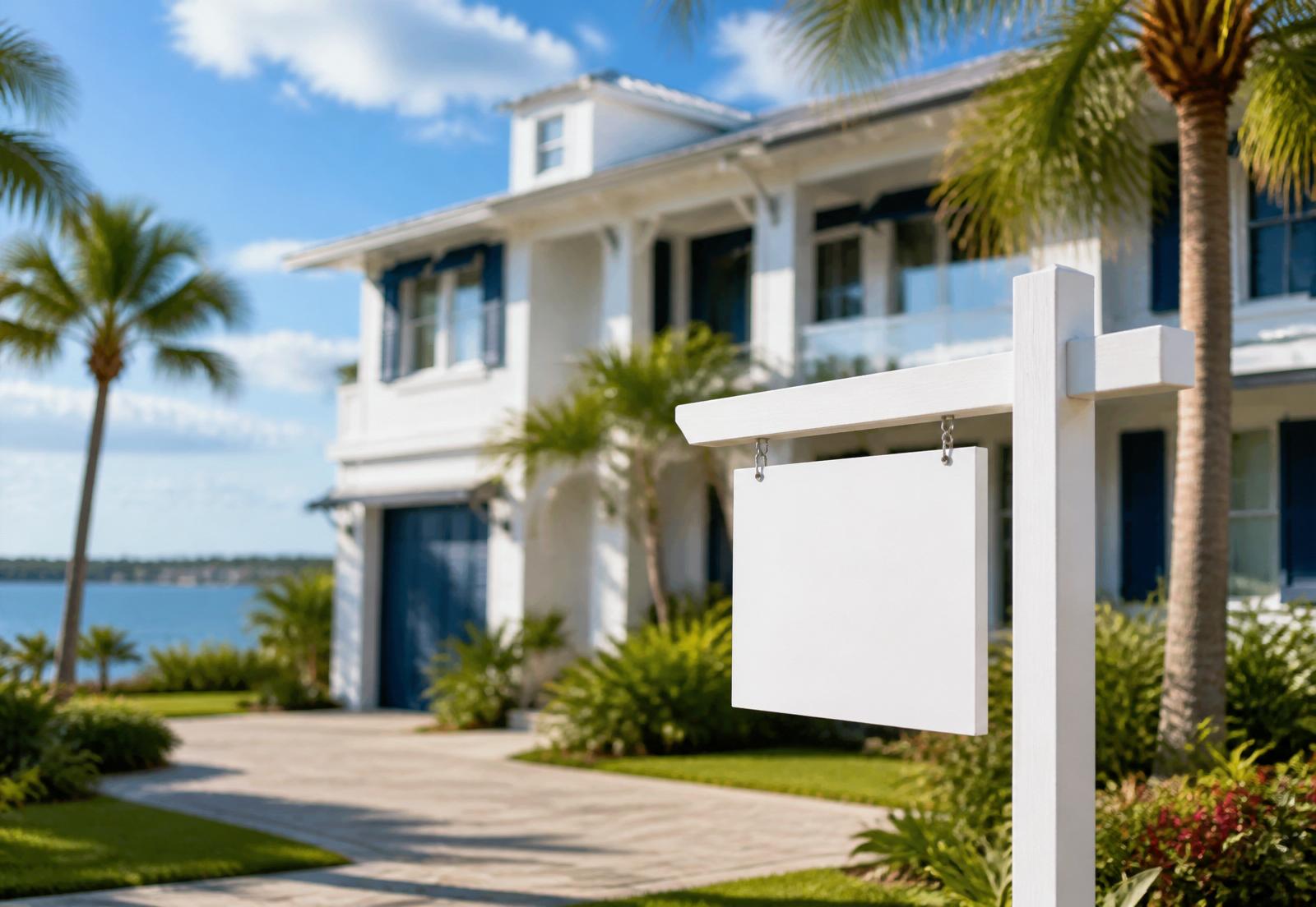Professionally installed real estate signpost in front of an upscale coastal Florida home